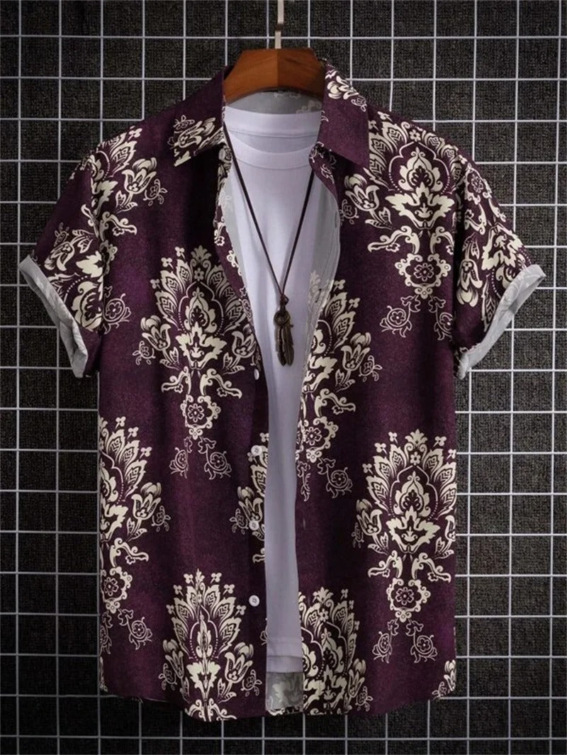 Men's Short-Sleeved Shirt with Button Placket and Pattern Design-Omni Prime Goods