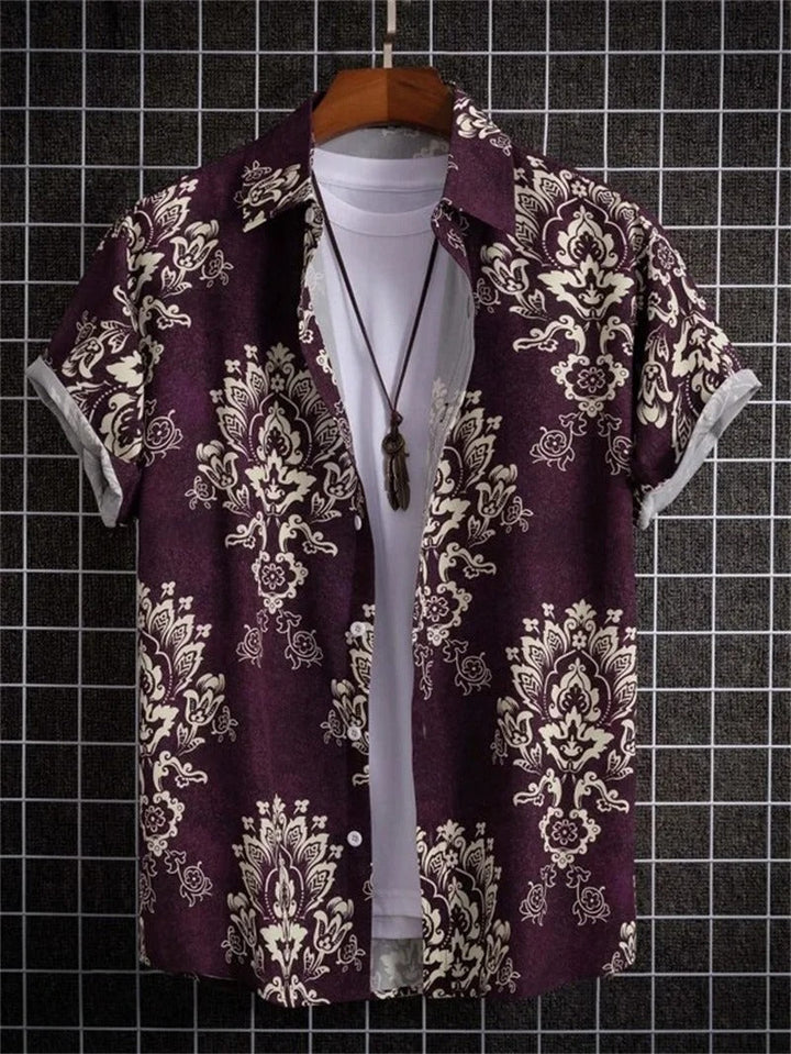 Men's Short-Sleeved Shirt with Button Placket and Pattern Design-Omni Prime Goods