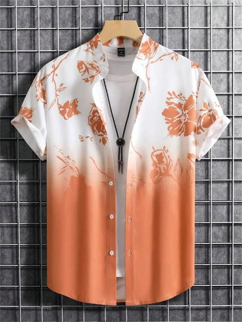 Men's Short-Sleeved Shirt with Button Placket and Pattern Design-Omni Prime Goods