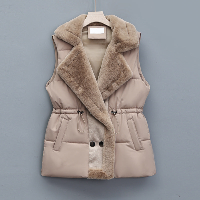Women's Quilted Vest with Faux Fur Collar and Adjustable Drawstring