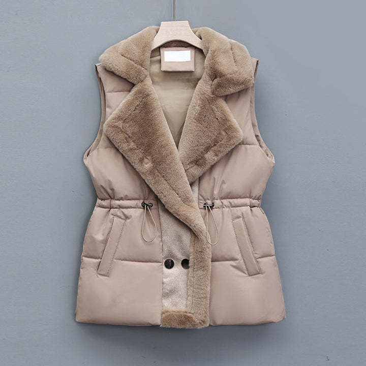 Women's Quilted Vest with Faux Fur Collar and Adjustable Drawstring