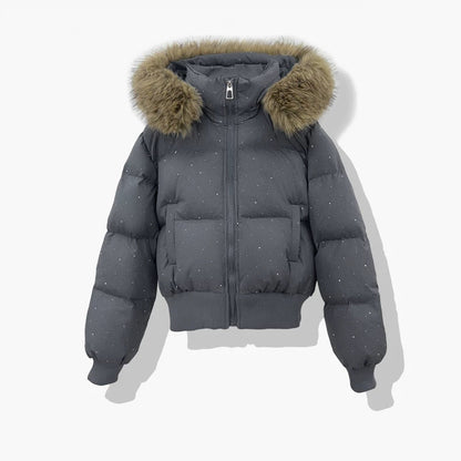 Kurze Damen-Steppjacke mit abnehmbarem Kunstfellbesatz an der Kapuze