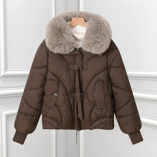 Naisten blousontakki tekoturkiskauluksella ja kiristysnyörillä