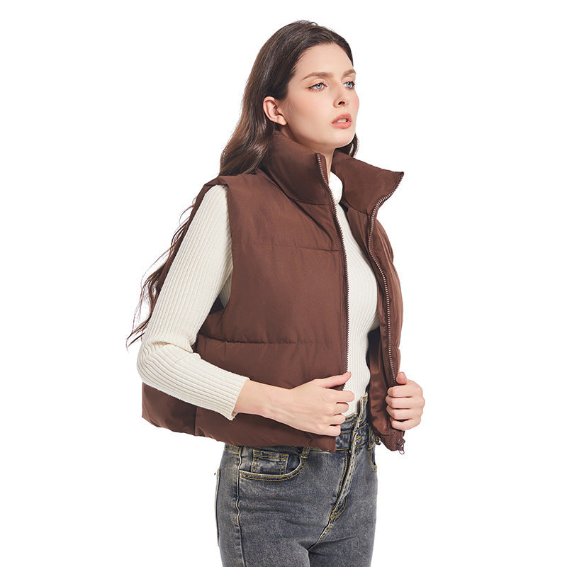 Women's Lightweight Short Padded Vest with High Collar and Drawstring