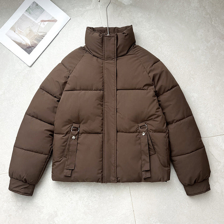 Women's Short Quilted Jacket with Stand-Up Collar and D-Ring Pocket