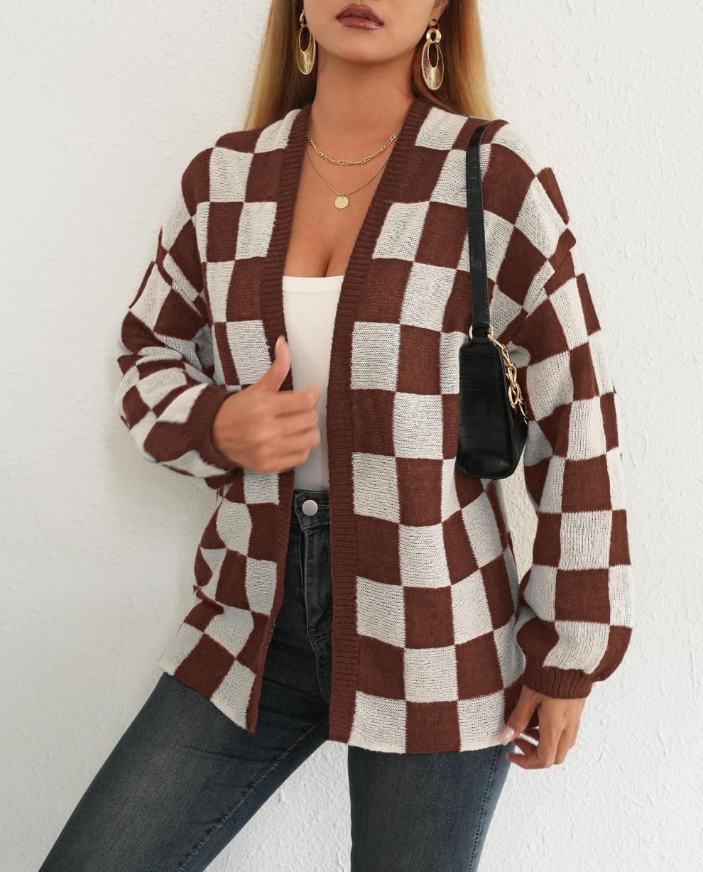 Damen-Strickjacke aus flauschigem Hirsch-Karomuster mit offenem Vorderteil