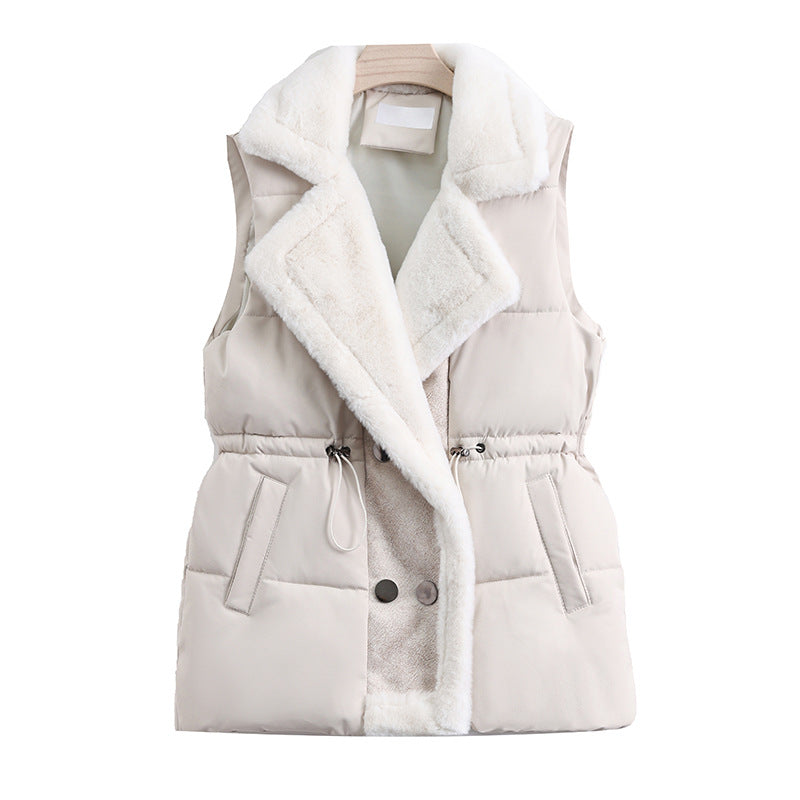Women's Quilted Vest with Faux Fur Collar and Adjustable Drawstring