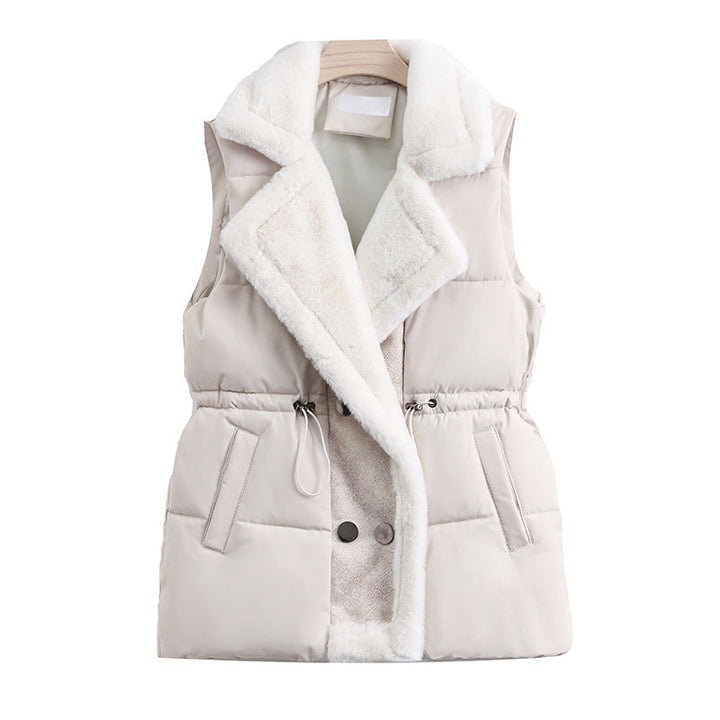 Women's Quilted Vest with Faux Fur Collar and Adjustable Drawstring