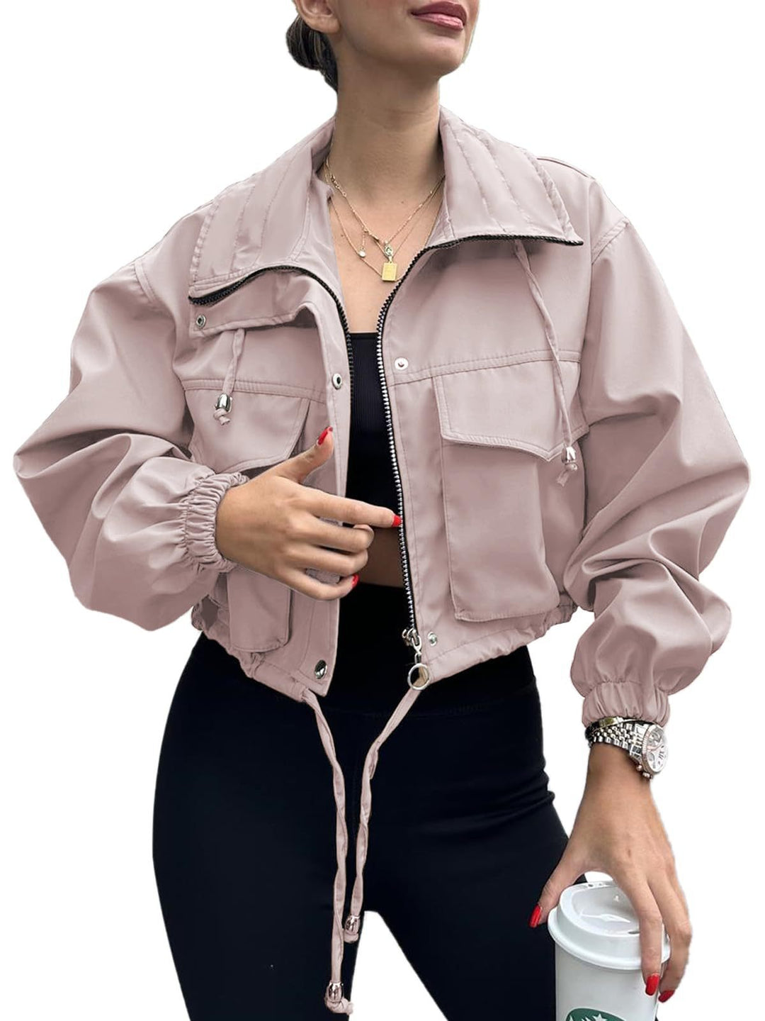 Women's Short Jacket with Drawstring and Elastic Sleeves