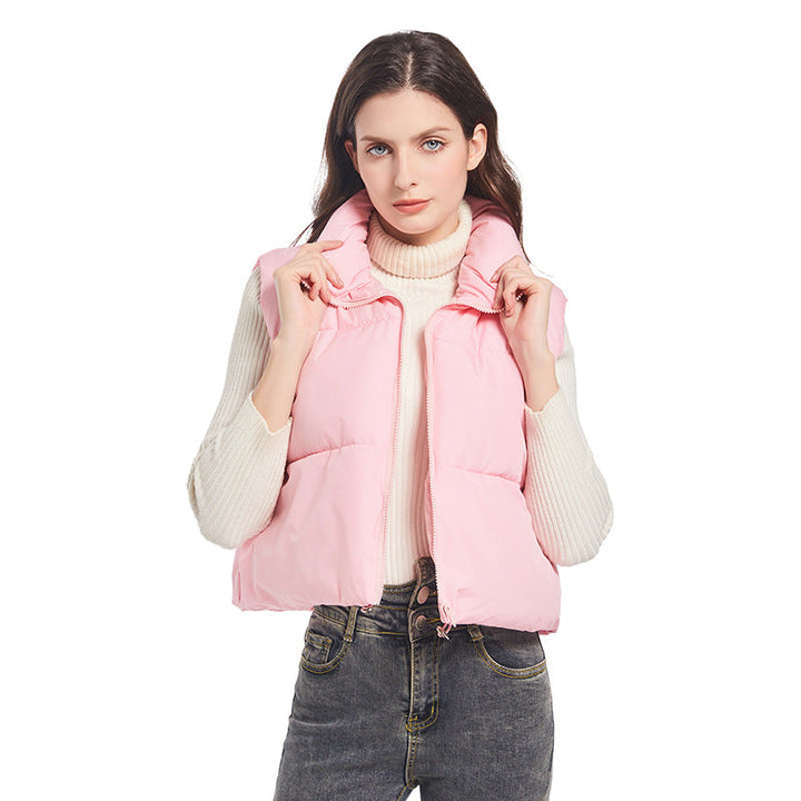 Women's Lightweight Short Padded Vest with High Collar and Drawstring