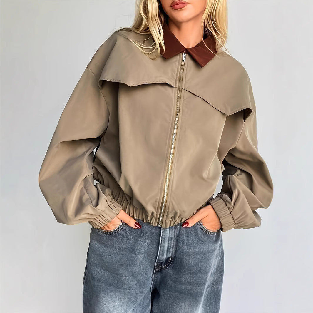 Women's Stylish Bomber Jacket with Collar and Ribbed Cuffs