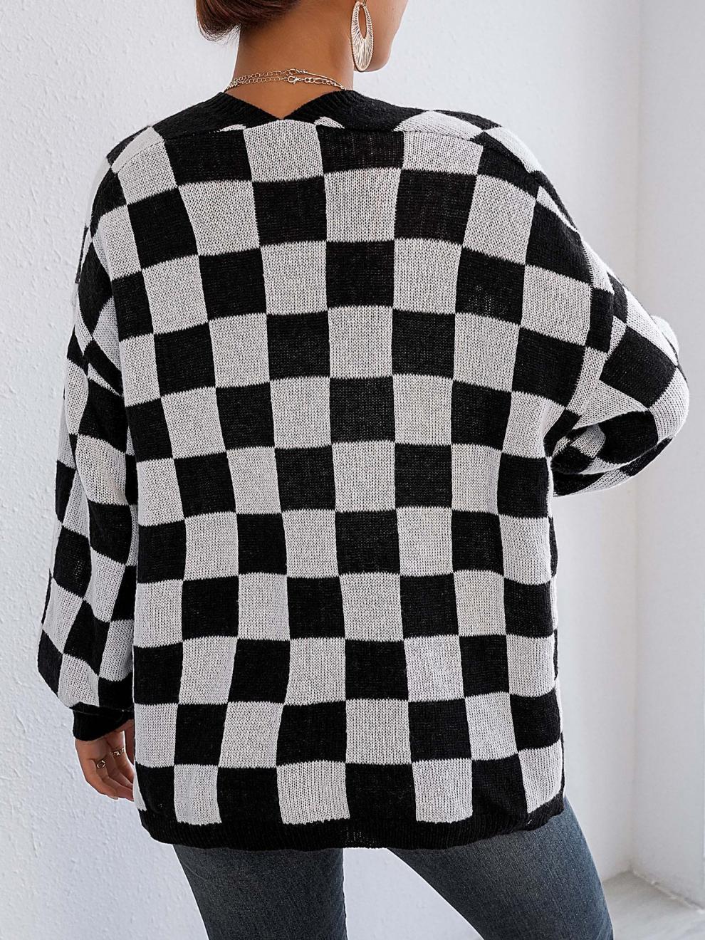 Damen-Strickjacke aus flauschigem Hirsch-Karomuster mit offenem Vorderteil