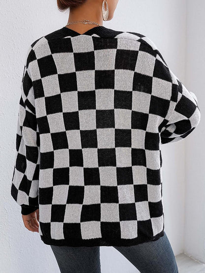 Damen-Strickjacke aus flauschigem Hirsch-Karomuster mit offenem Vorderteil