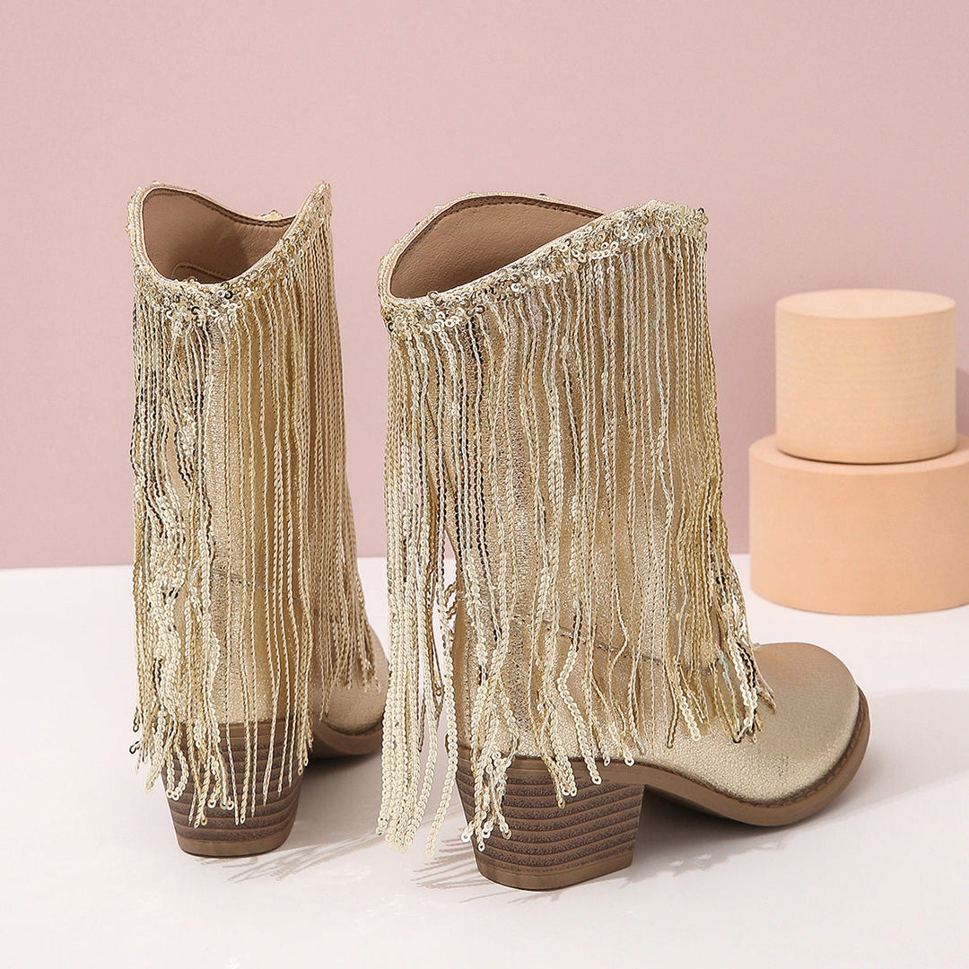 Women's Mid-Calf Western Style Boots with Decorative Fringe