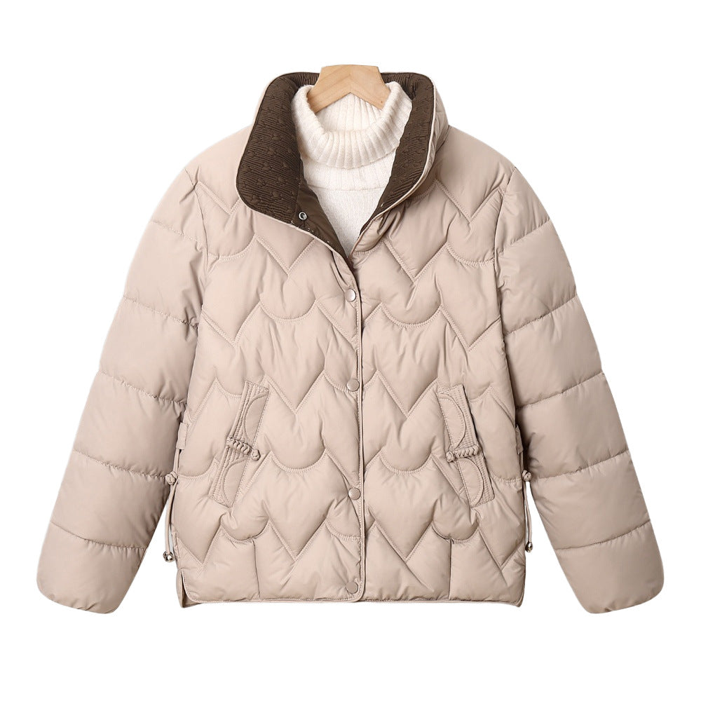 Women's Short Quilted Jacket with Arc Design and Snap Closure