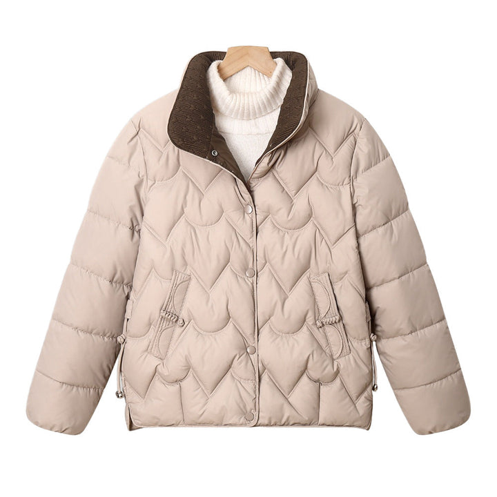 Women's Short Quilted Jacket with Arc Design and Snap Closure