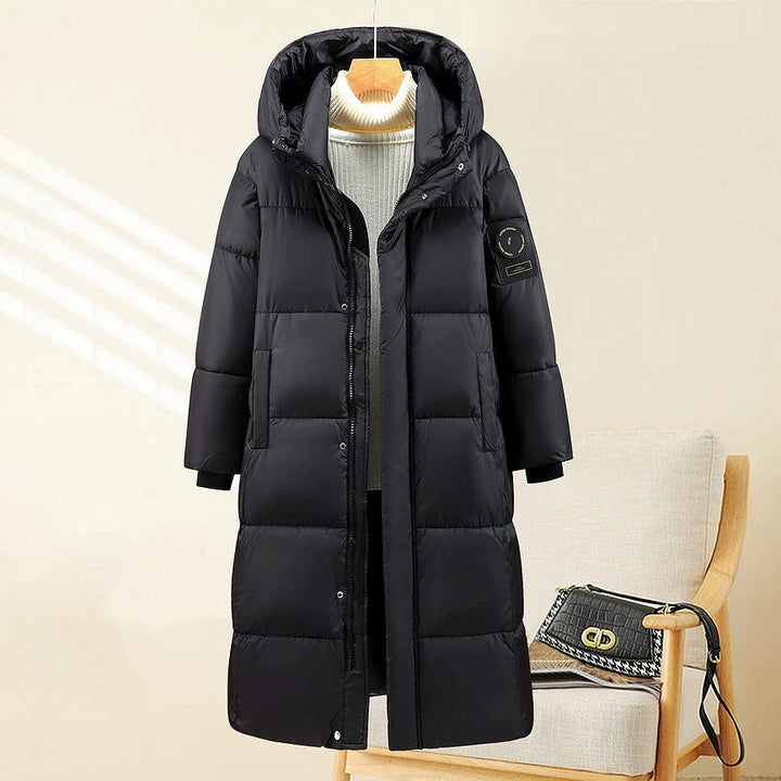 Women's Long Quilted Thermal Parka with Hood and Ribbed Cuffs