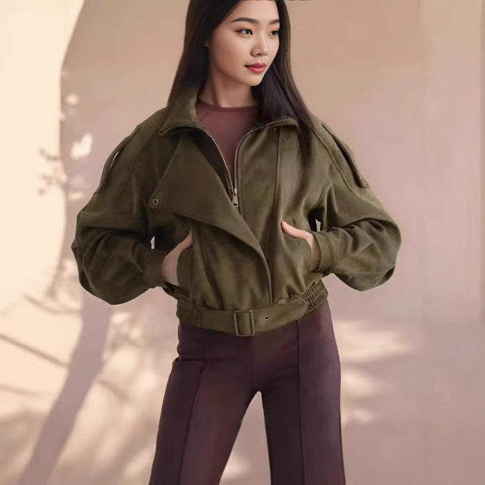Women's Short Jacket with Asymmetrical Zipper and Tailored Fit