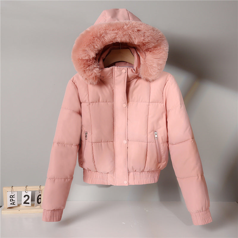 Women's Short Padded Hooded Jacket with Faux Fur Trim