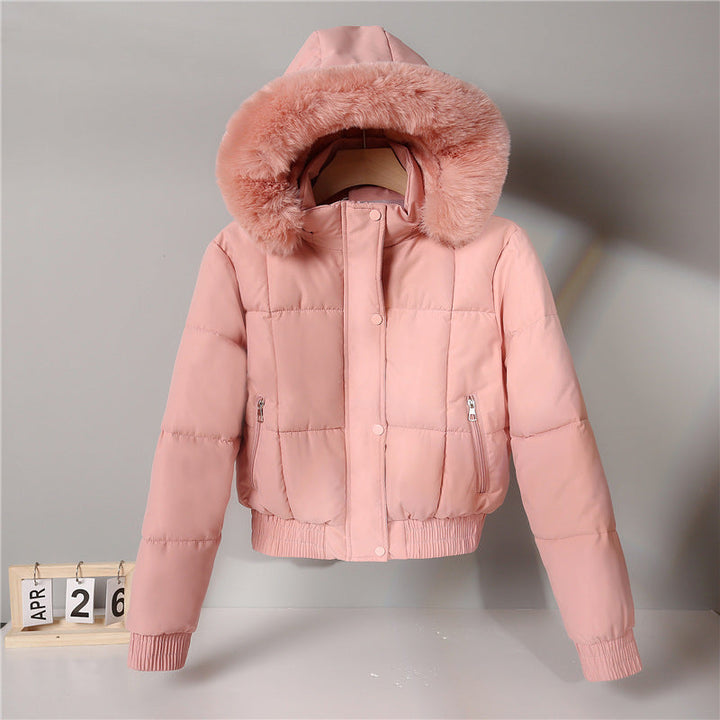 Women's Short Padded Hooded Jacket with Faux Fur Trim