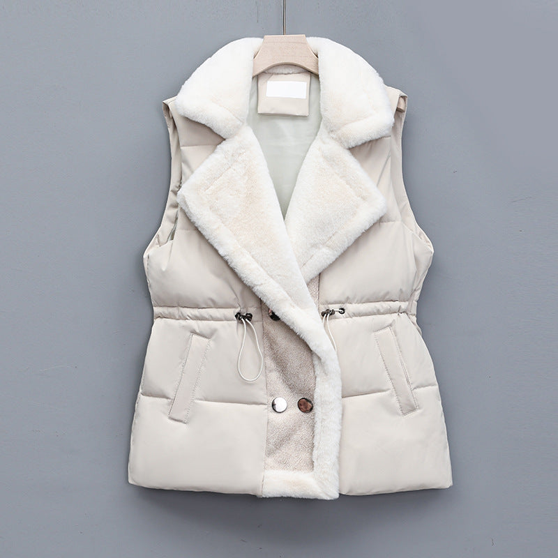 Women's Quilted Vest with Faux Fur Collar and Adjustable Drawstring