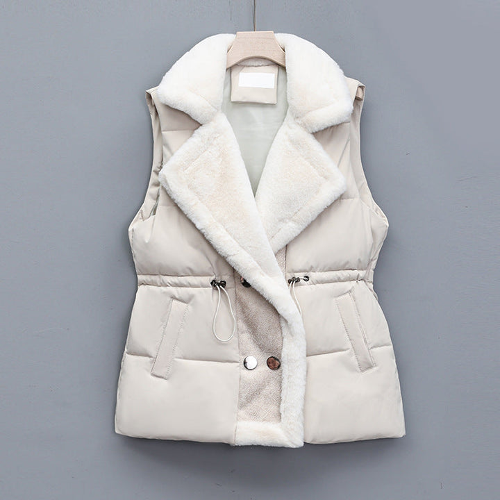 Women's Quilted Vest with Faux Fur Collar and Adjustable Drawstring