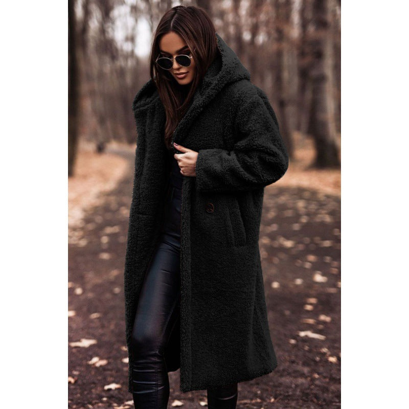 Women's Hooded Teddy Coat with Oversized Buttons