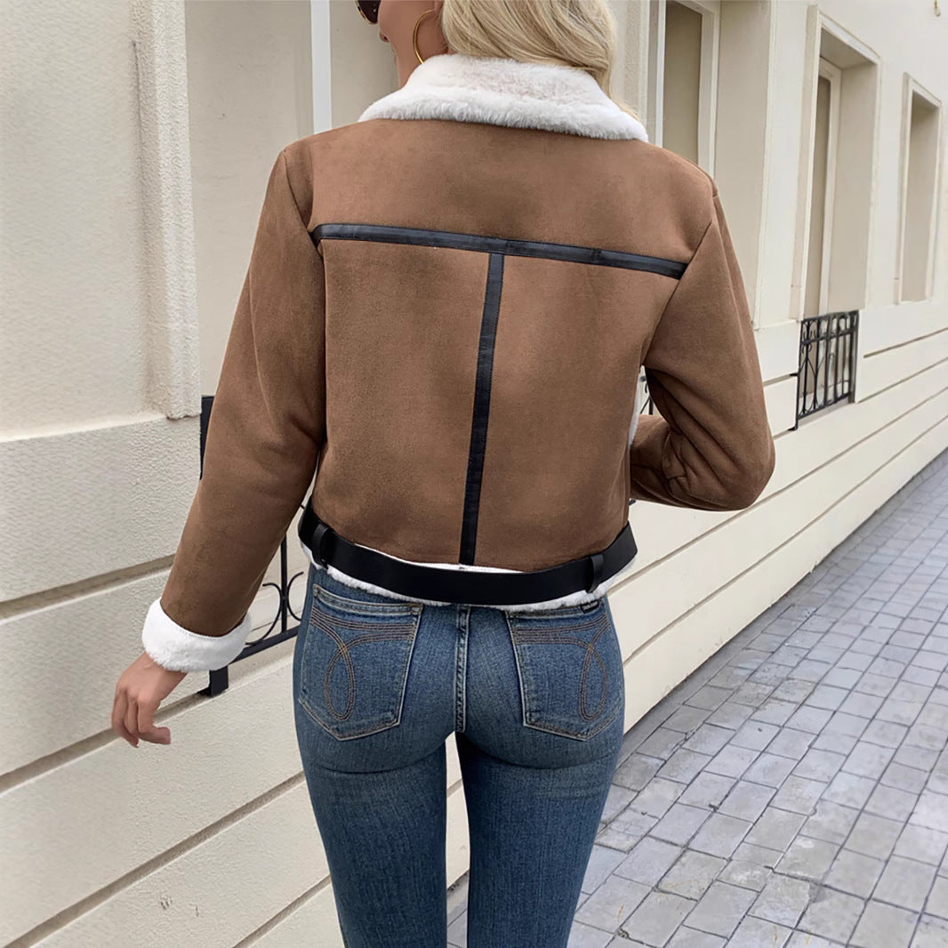 Women's Cozy Teddy Fur Jacket with Collar and Functional Pockets