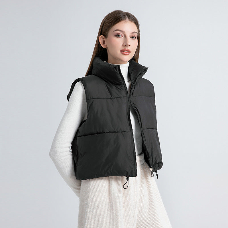 Women's Lightweight Short Padded Vest with High Collar and Drawstring