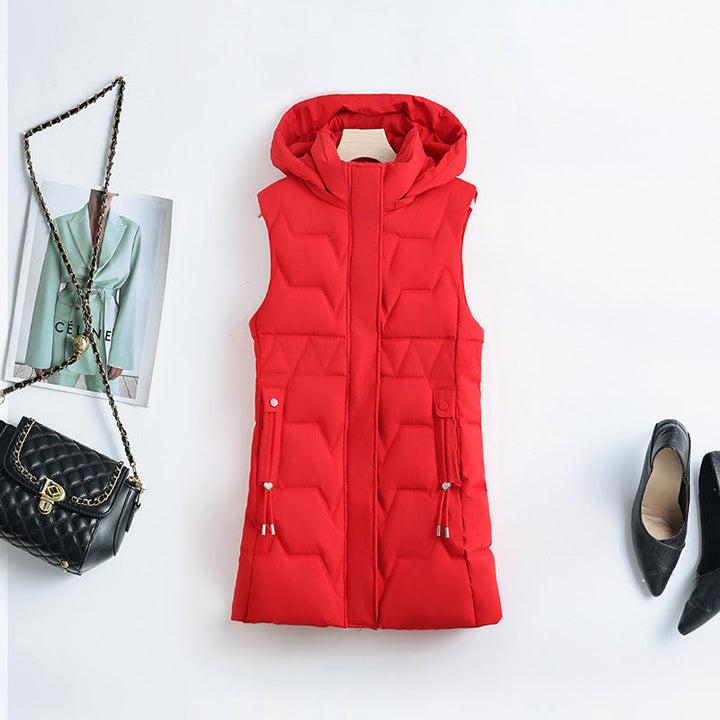 Women's Hooded Long Quilted Vest with Adjustable Drawstrings