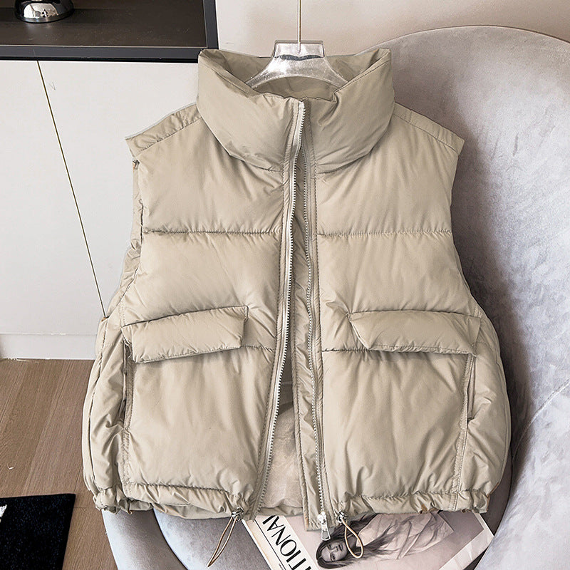 Women's Insulated Padded Gilet with Stand-Up Collar and Drawstring Hem