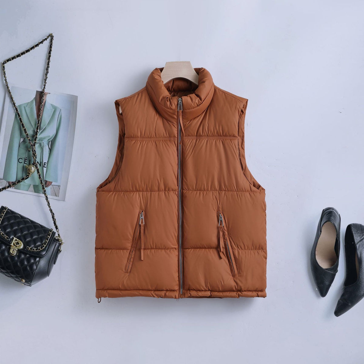Women's Padded Quilted Vest with Stand Collar and Two-Way Zipper