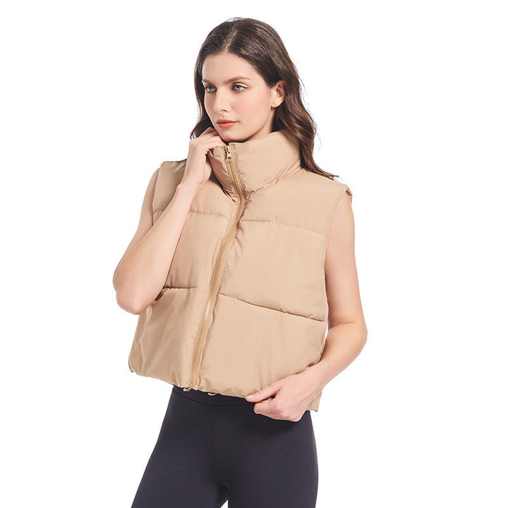 Women's Lightweight Short Padded Vest with High Collar and Drawstring