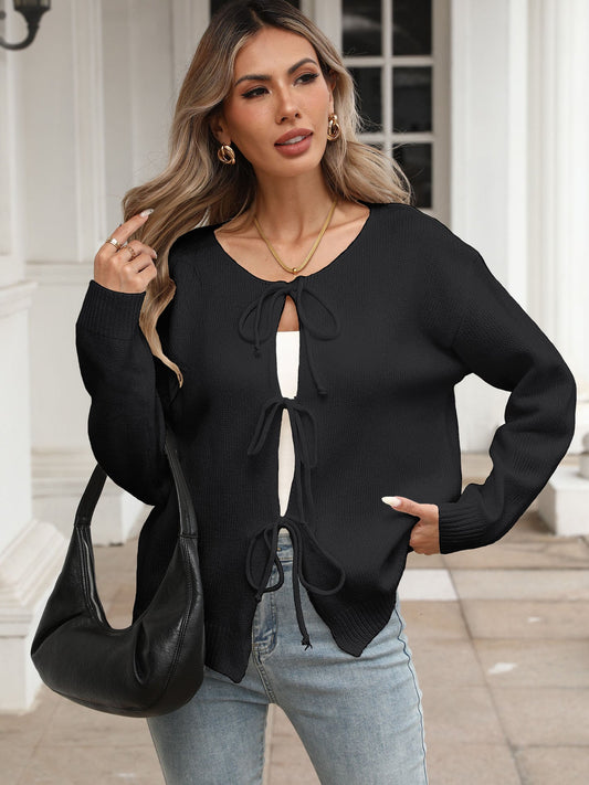Women's Deer Plush Tie-Front Cardigan with Relaxed Knit Fit