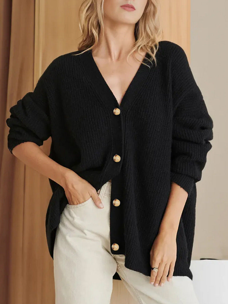 Women's Oversized Ribbed Knit Cardigan with V-Neck Button Front