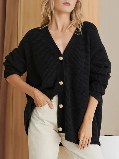 Women's Oversized Ribbed Knit Cardigan with V-Neck Button Front