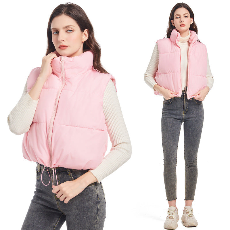 Women's Lightweight Short Padded Vest with High Collar and Drawstring
