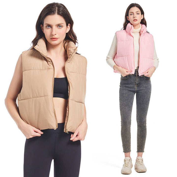 Women's Lightweight Short Padded Vest with High Collar and Drawstring