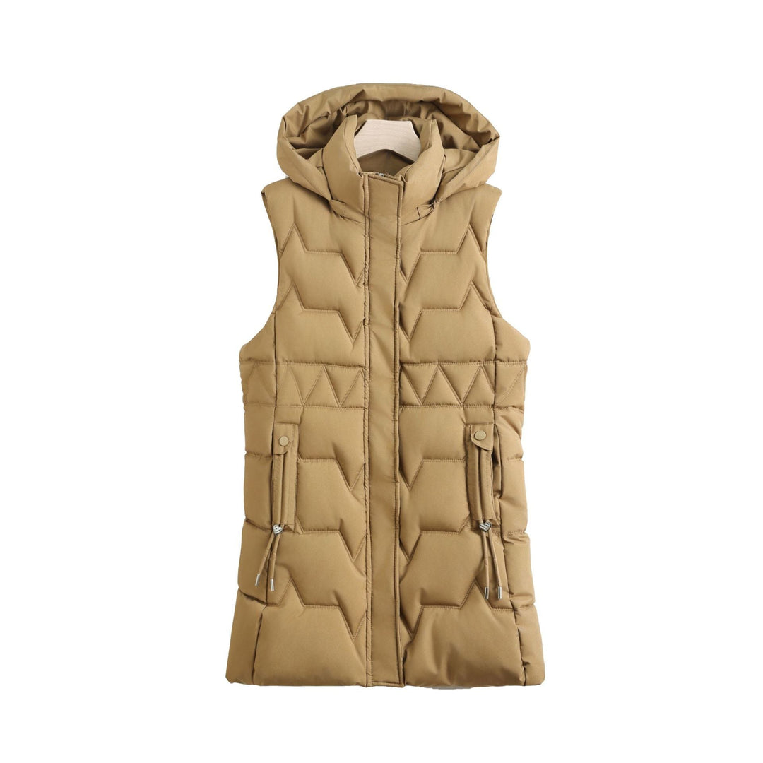 Women's Hooded Long Quilted Vest with Adjustable Drawstrings