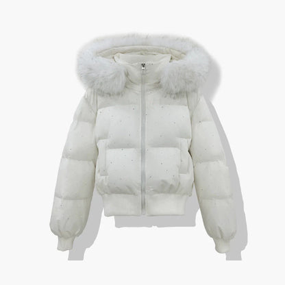 Kurze Damen-Steppjacke mit abnehmbarem Kunstfellbesatz an der Kapuze