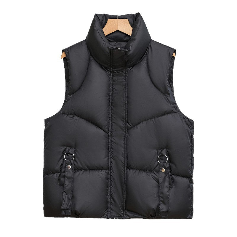 Women's Quilted Padded Vest with Stand Collar and Decorative Details