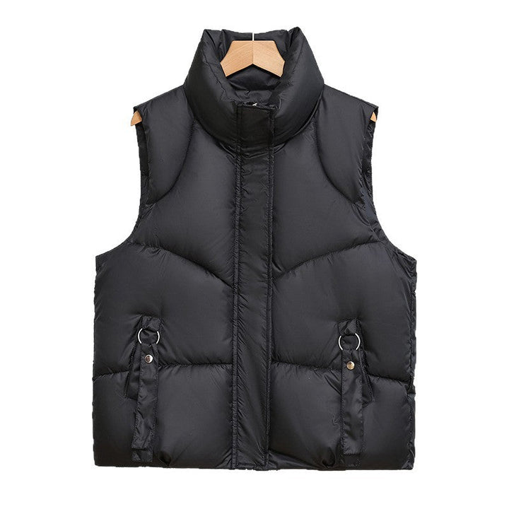 Women's Quilted Padded Vest with Stand Collar and Decorative Details