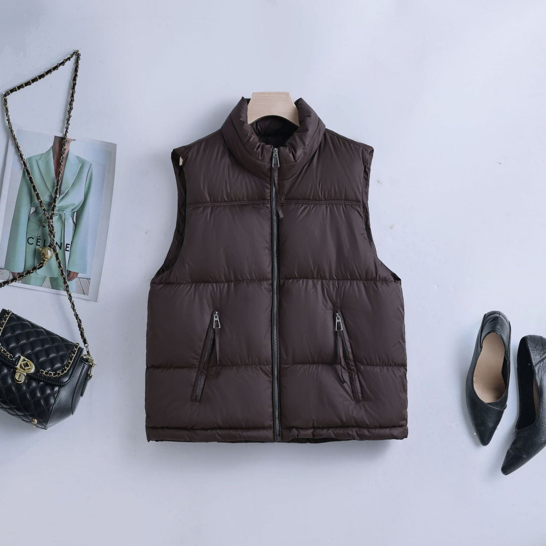 Women's Padded Quilted Vest with Stand Collar and Two-Way Zipper