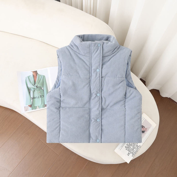 Women's Short Padded Quilted Vest with Stand-Up Collar and Snap Closure