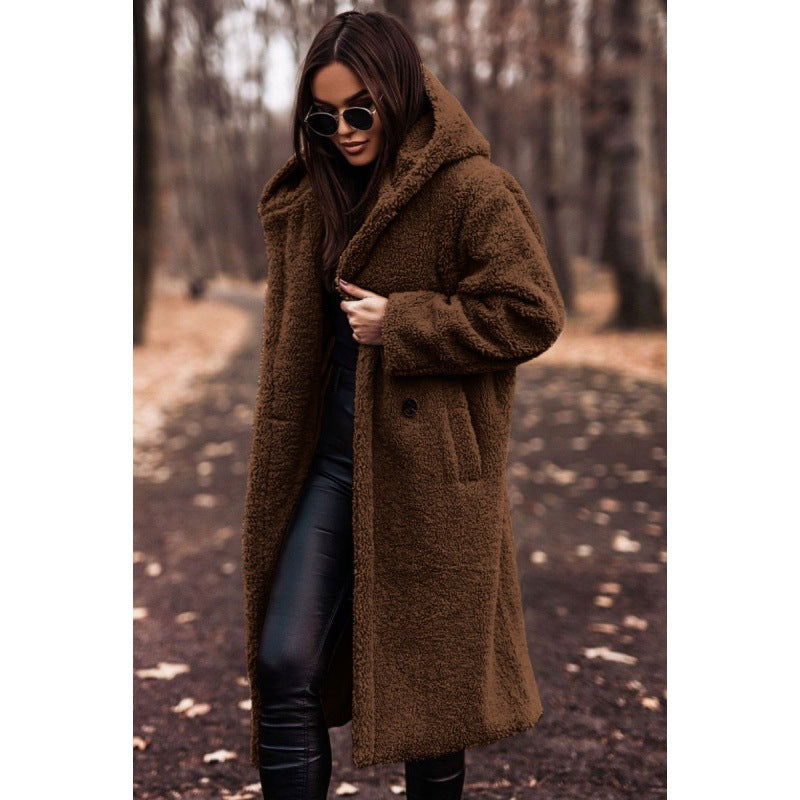 Women's Hooded Teddy Coat with Oversized Buttons