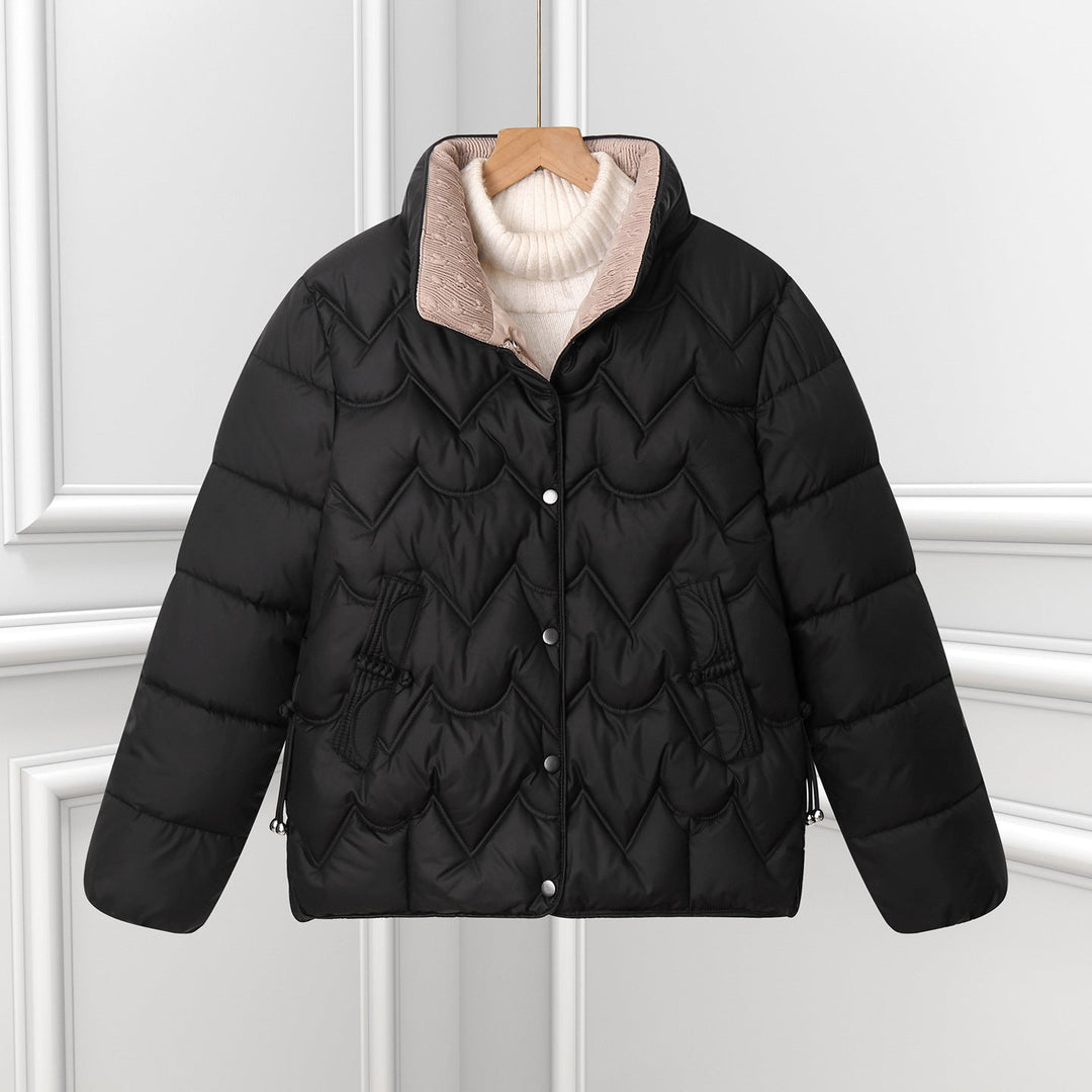 Women's Short Quilted Jacket with Arc Design and Snap Closure