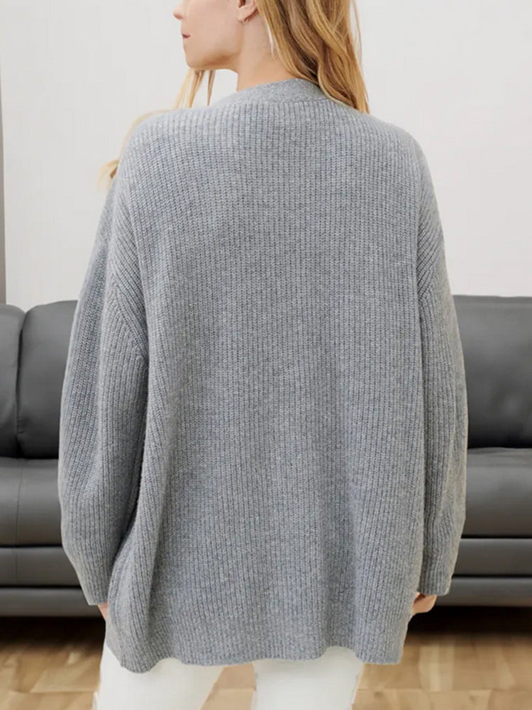 Women's Oversized Ribbed Knit Cardigan with V-Neck Button Front