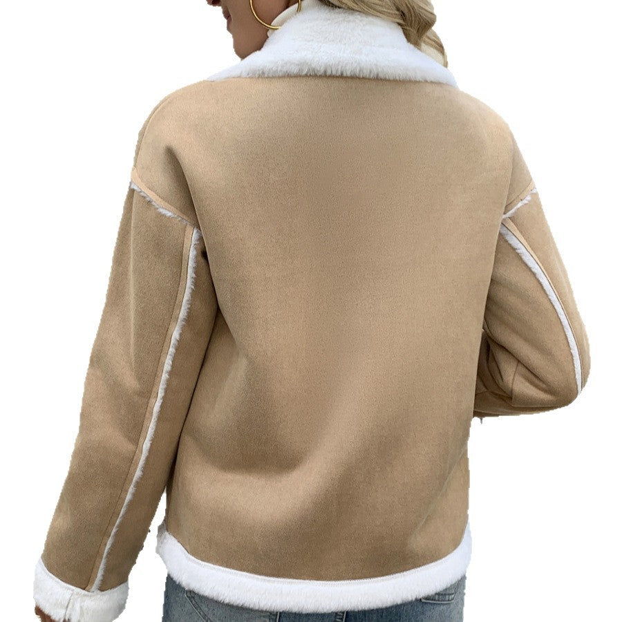 Women's Cozy Teddy Fur Jacket with Lapel Collar and Pockets