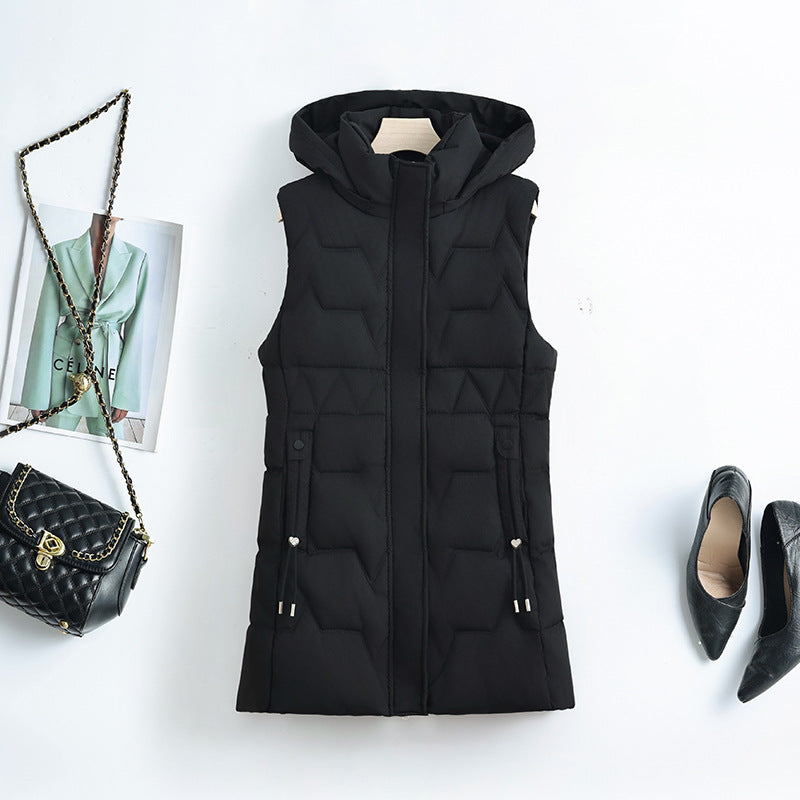 Women's Hooded Long Quilted Vest with Adjustable Drawstrings