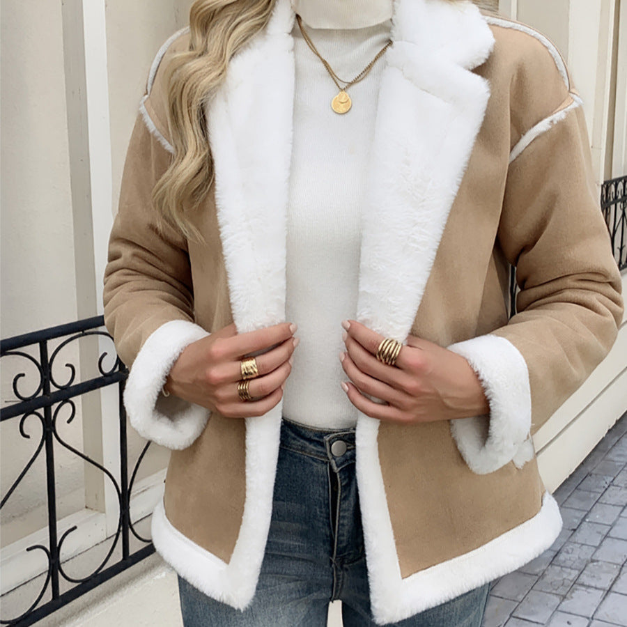 Women's Cozy Teddy Fur Jacket with Lapel Collar and Pockets